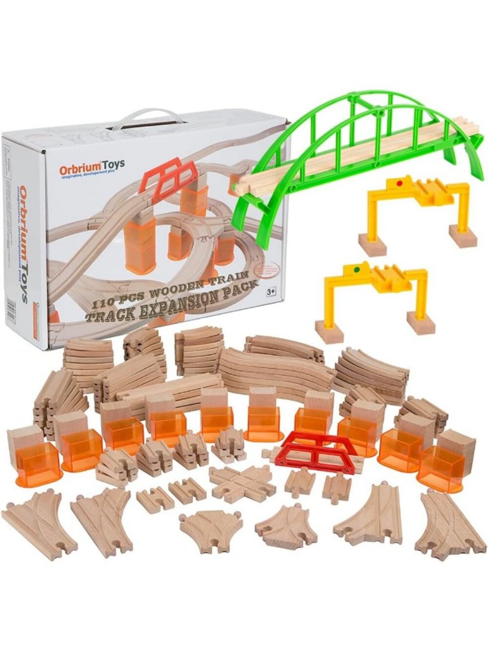 Multi-Level 110-Piece Wooden Train Track Expansion Pack with Stackable Risers - Picture 1 of 6